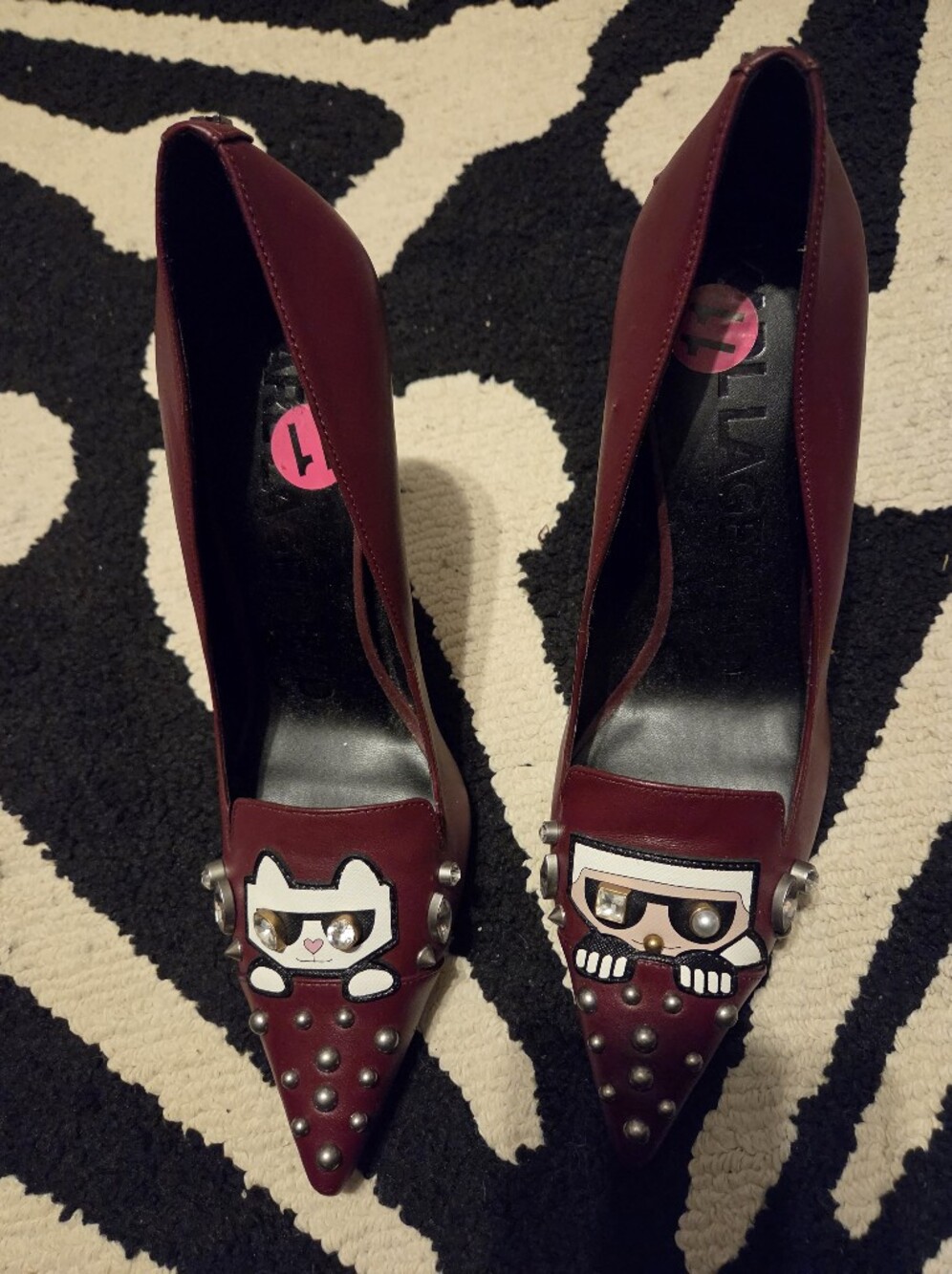Karl Lagerfeld Women’s Studded Cat Appliqué Flats in Burgundy